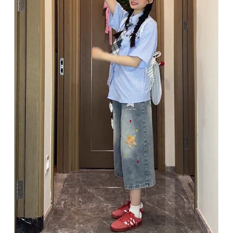 ins 별 패치 프린트 데님 7부 바지 여성 봄 여름 새로운 루즈핏 캐주얼 높음 거리 스트레이트 7부 바지 이미지 5