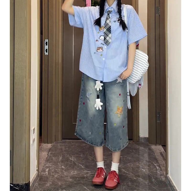 ins 별 패치 프린트 데님 7부 바지 여성 봄 여름 새로운 루즈핏 캐주얼 높음 거리 스트레이트 7부 바지 이미지 4