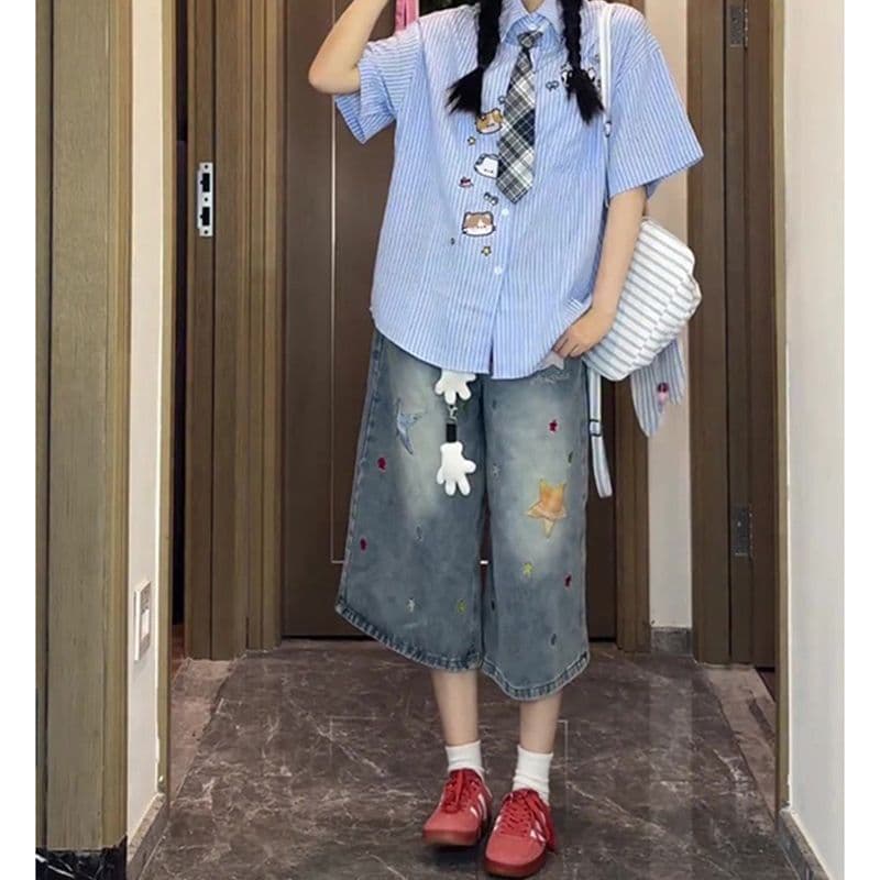 ins 별 패치 프린트 데님 7부 바지 여성 봄 여름 새로운 루즈핏 캐주얼 높음 거리 스트레이트 7부 바지 이미지 2