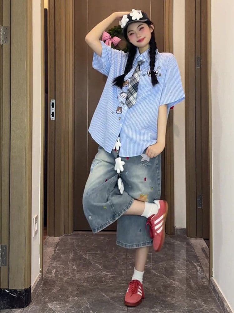 ins 별 패치 프린트 데님 7부 바지 여성 봄 여름 새로운 루즈핏 캐주얼 높음 거리 스트레이트 7부 바지 상세 이미지 5