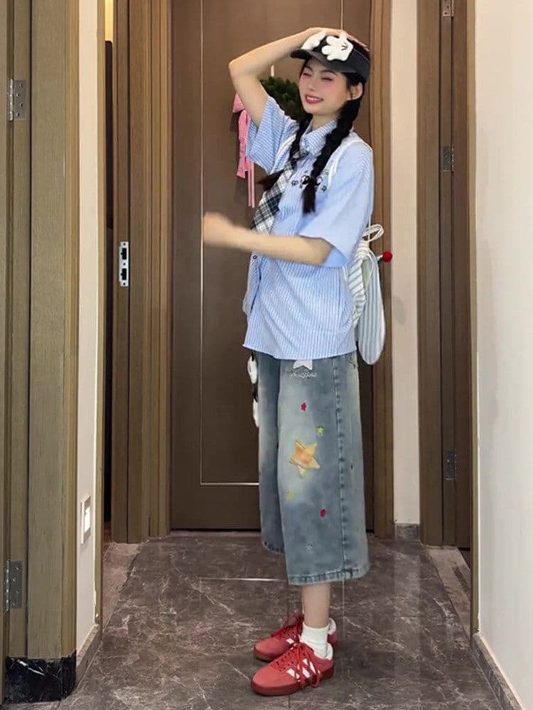 ins 별 패치 프린트 데님 7부 바지 여성 봄 여름 새로운 루즈핏 캐주얼 높음 거리 스트레이트 7부 바지 상세 이미지 6
