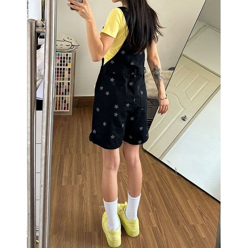 다용도 출퇴근 새끼 고양이 별 프린트 다용도 루즈핏 데님 멜빵 바지 여성 봄 여름 새로운 데님 짧은 바지 이미지 3