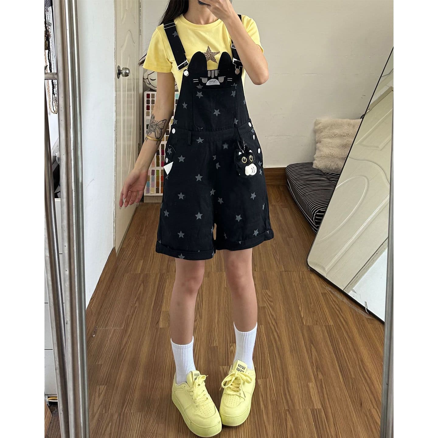 다용도 출퇴근 새끼 고양이 별 프린트 다용도 루즈핏 데님 멜빵 바지 여성 봄 여름 새로운 데님 짧은 바지 상세 이미지 2