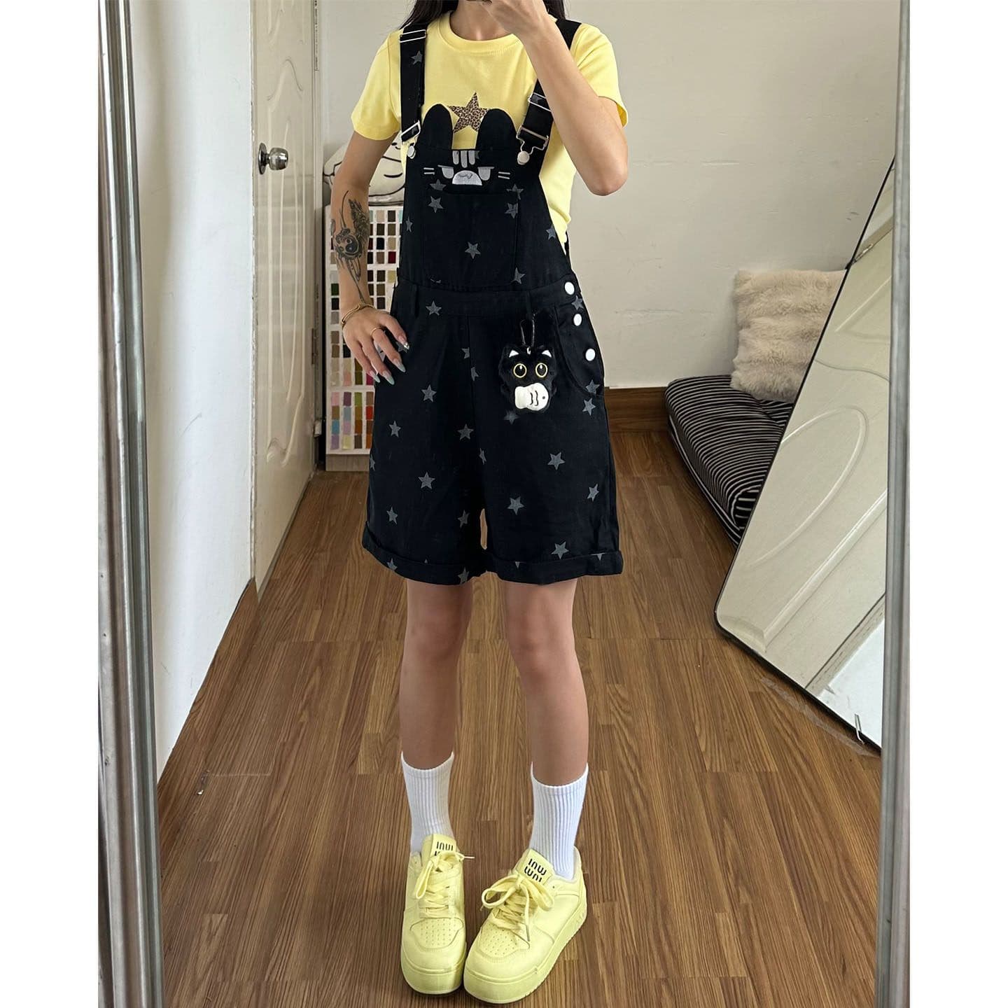 다용도 출퇴근 새끼 고양이 별 프린트 다용도 루즈핏 데님 멜빵 바지 여성 봄 여름 새로운 데님 짧은 바지 상세 이미지 3