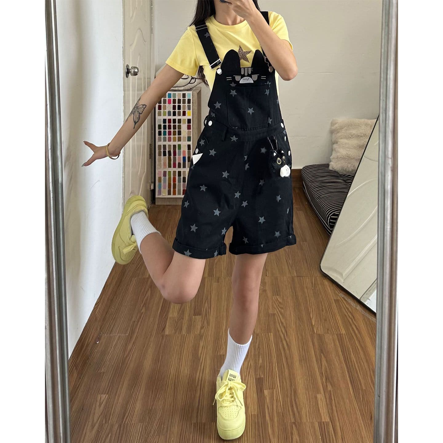 다용도 출퇴근 새끼 고양이 별 프린트 다용도 루즈핏 데님 멜빵 바지 여성 봄 여름 새로운 데님 짧은 바지 상세 이미지 4