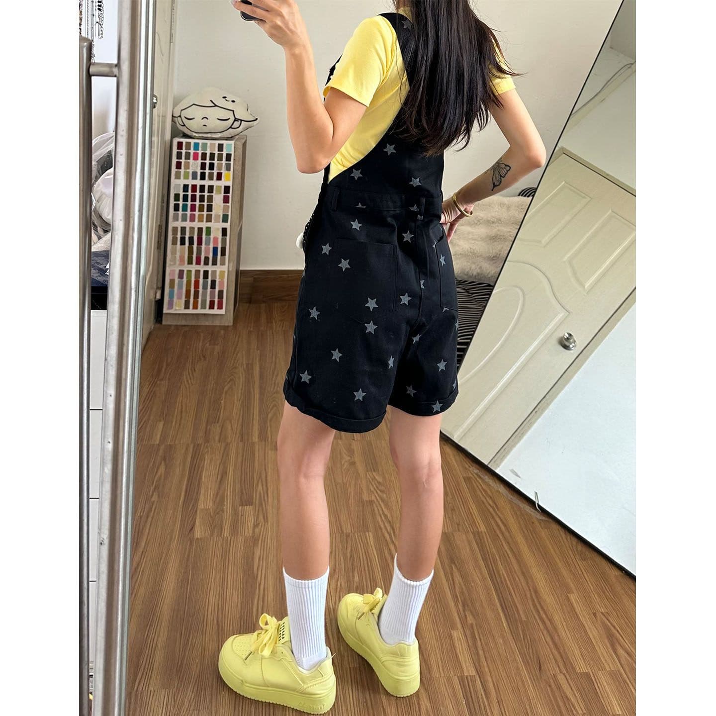 다용도 출퇴근 새끼 고양이 별 프린트 다용도 루즈핏 데님 멜빵 바지 여성 봄 여름 새로운 데님 짧은 바지 상세 이미지 5