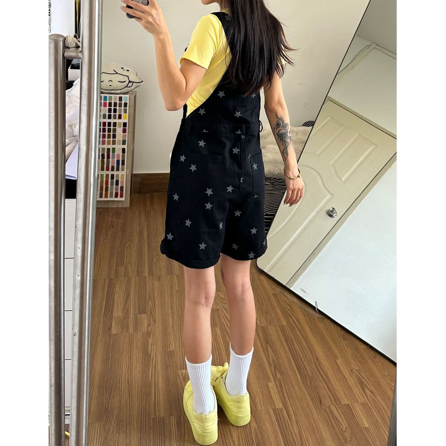 다용도 출퇴근 새끼 고양이 별 프린트 다용도 루즈핏 데님 멜빵 바지 여성 봄 여름 새로운 데님 짧은 바지 상세 이미지 6