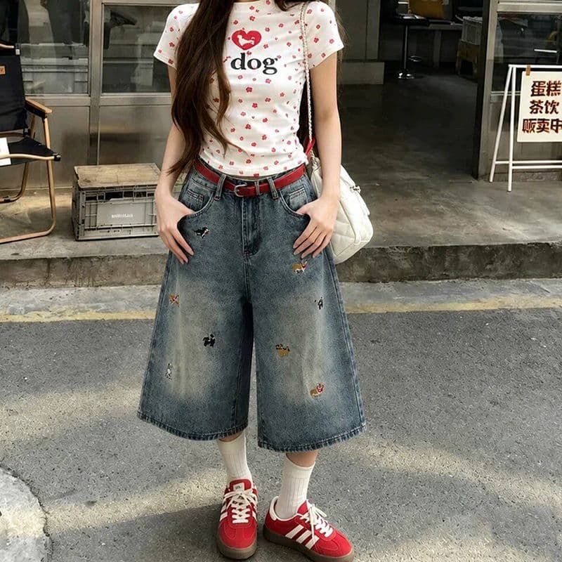 디자인 센스 학원 스타일 출퇴근 강아지 자수 7 점 청바지 여성 봄 여름 높음 거리 루즈핏 데님 7부 바지 이미지 5