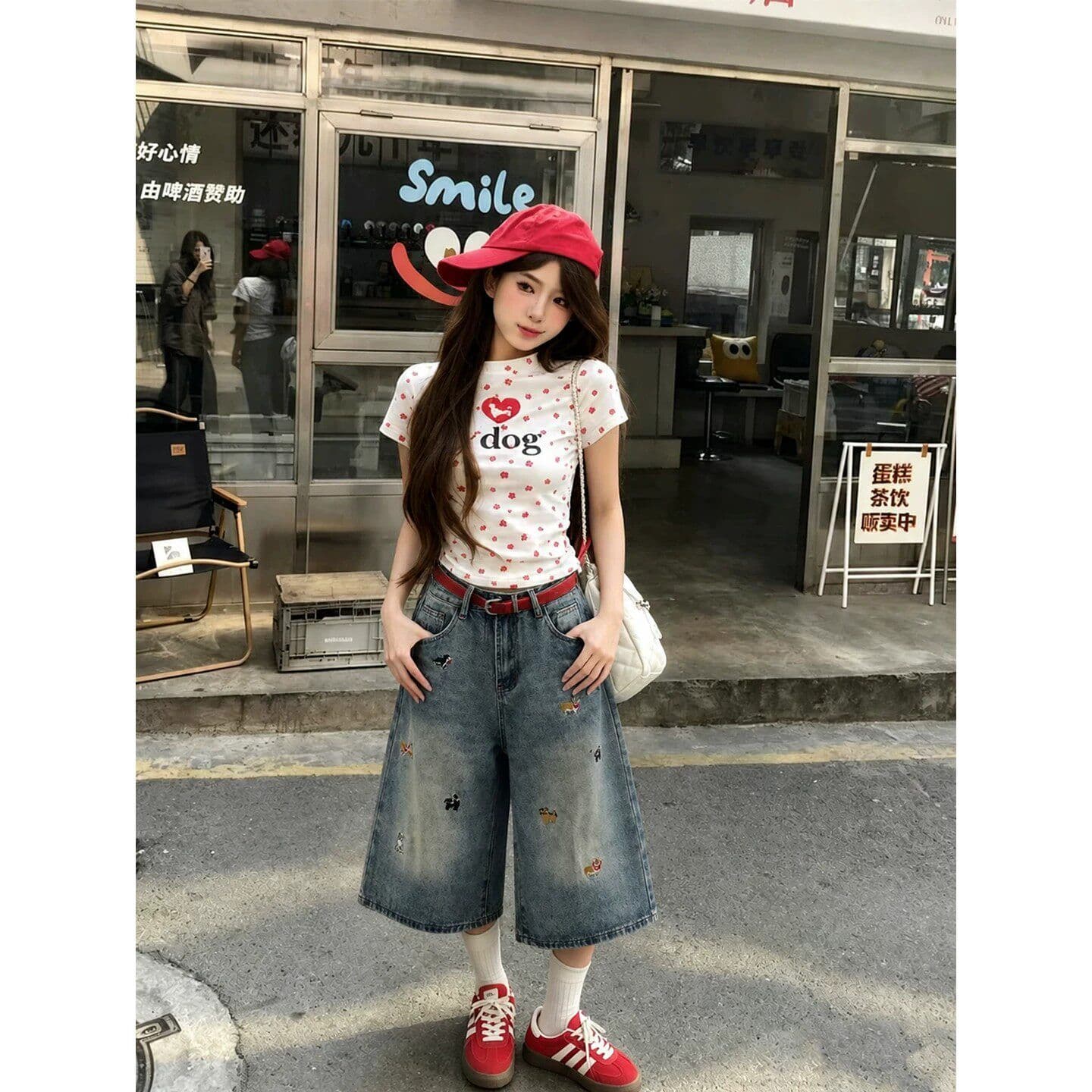 디자인 센스 학원 스타일 출퇴근 강아지 자수 7 점 청바지 여성 봄 여름 높음 거리 루즈핏 데님 7부 바지 상세 이미지 5
