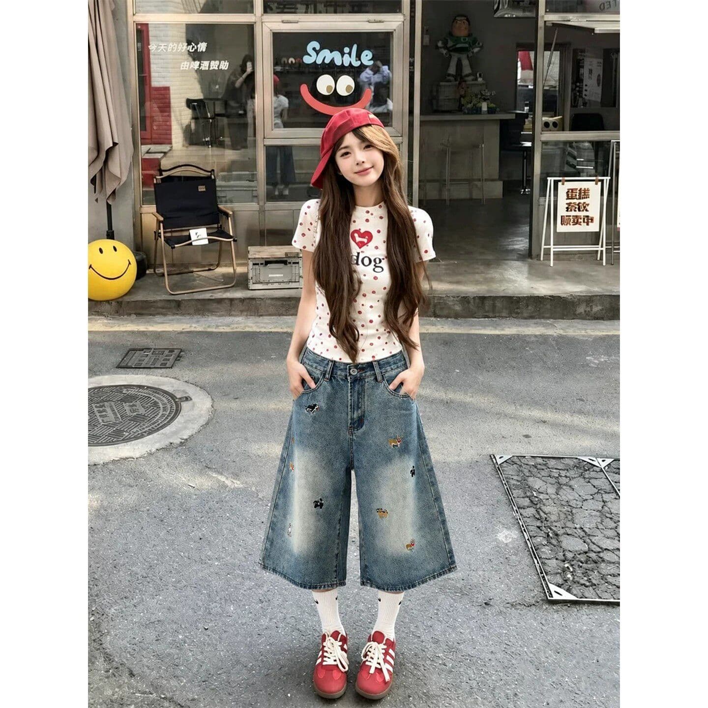 디자인 센스 학원 스타일 출퇴근 강아지 자수 7 점 청바지 여성 봄 여름 높음 거리 루즈핏 데님 7부 바지 상세 이미지 6