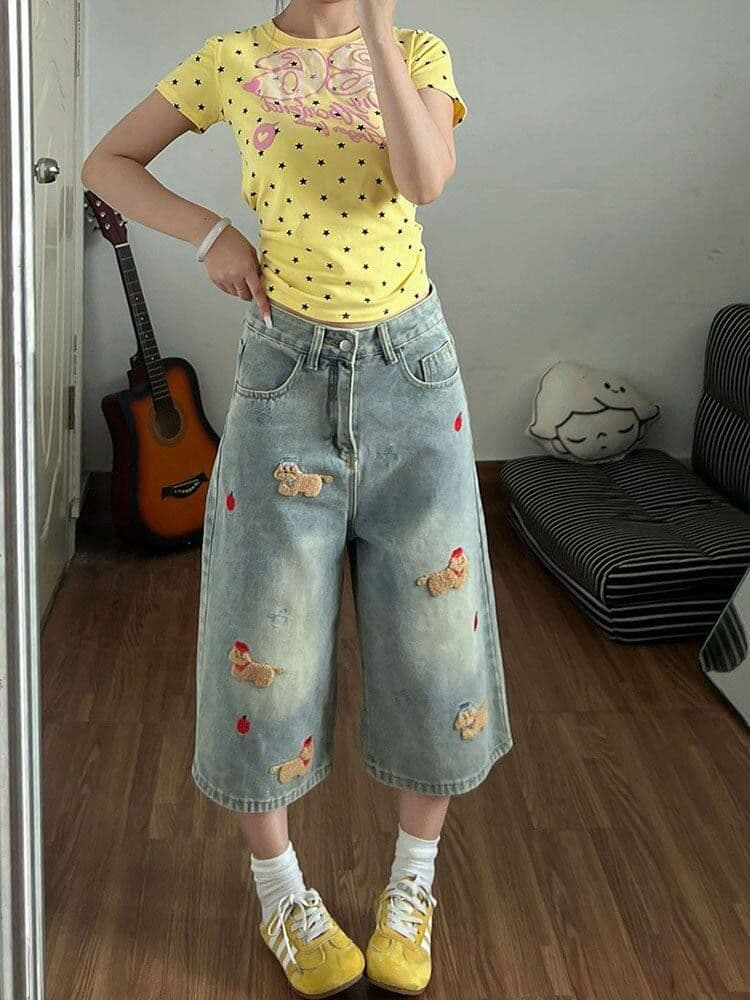 출퇴근 개성 재미있는 강아지 자수 7 점 청바지 여성 봄 여름 섹션 새로운 작은 대중 스트레이트 데님 7부 바지 상세 이미지 4