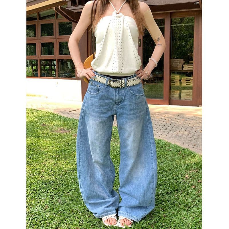 작은 대중 높음 거리 십자가 징 모통이 칼 청바지 여성 봄 가을 새로운 패션 넓은 다리 바닥 청소 청바지 트렌디