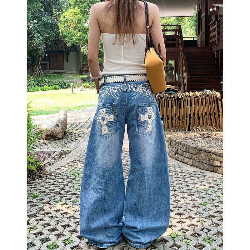 작은 대중 높음 거리 십자가 징 모통이 칼 청바지 여성 봄 가을 새로운 패션 넓은 다리 바닥 청소 청바지 트렌디 이미지 3