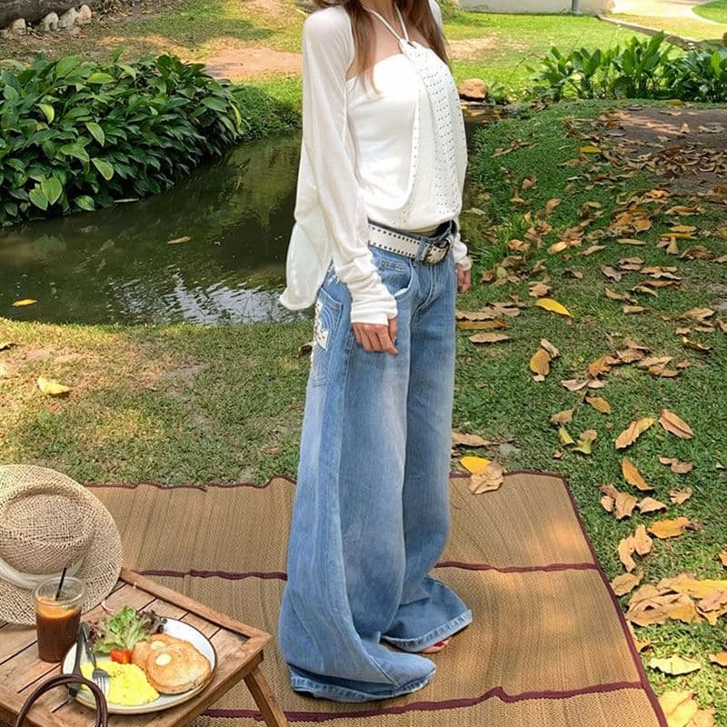 작은 대중 높음 거리 십자가 징 모통이 칼 청바지 여성 봄 가을 새로운 패션 넓은 다리 바닥 청소 청바지 트렌디 이미지 5