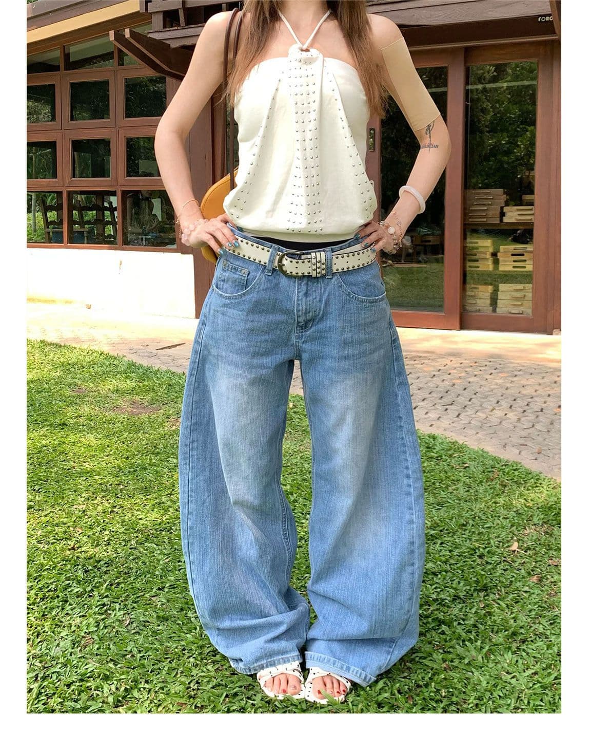 작은 대중 높음 거리 십자가 징 모통이 칼 청바지 여성 봄 가을 새로운 패션 넓은 다리 바닥 청소 청바지 트렌디 상세 이미지 6