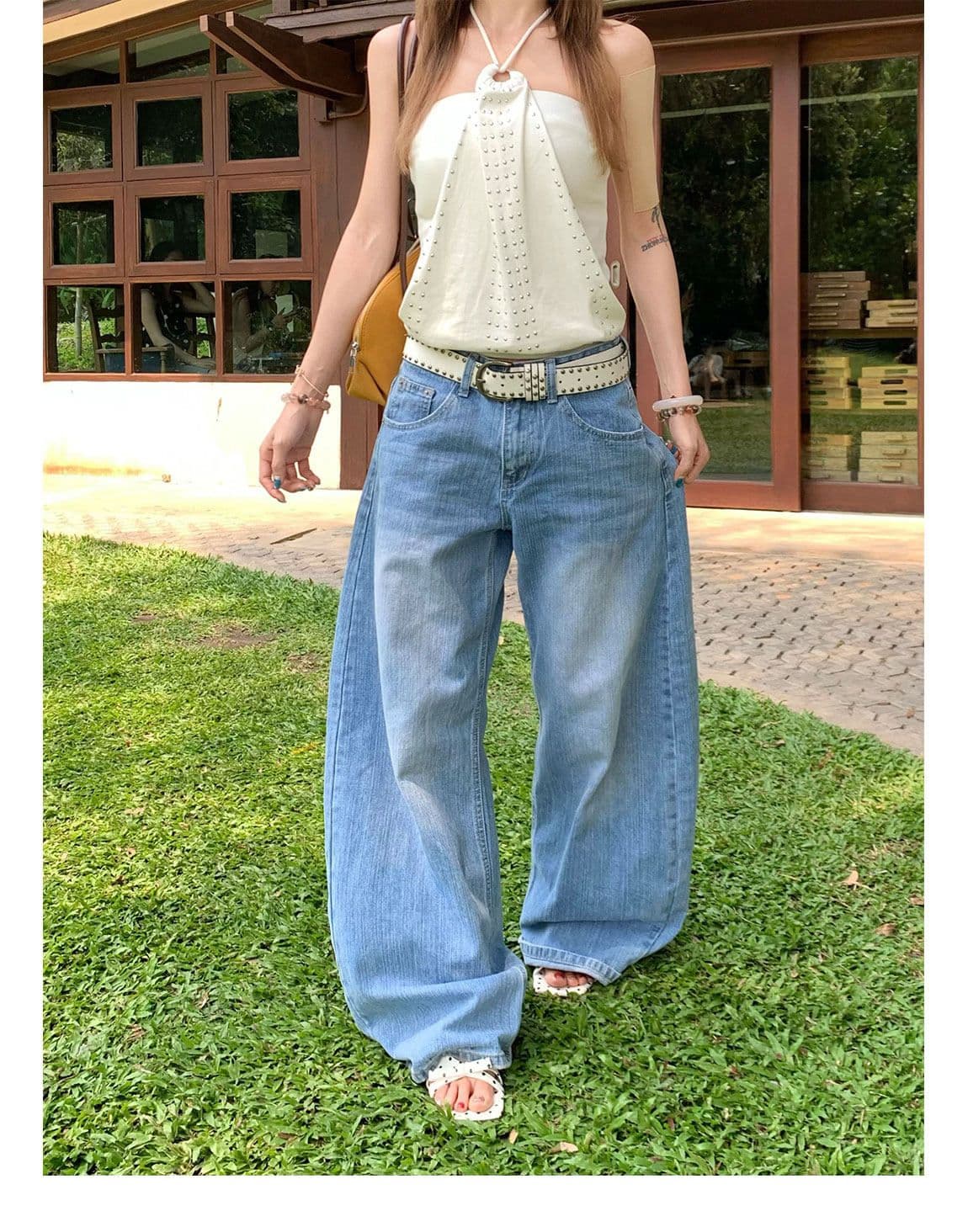 작은 대중 높음 거리 십자가 징 모통이 칼 청바지 여성 봄 가을 새로운 패션 넓은 다리 바닥 청소 청바지 트렌디 상세 이미지 7