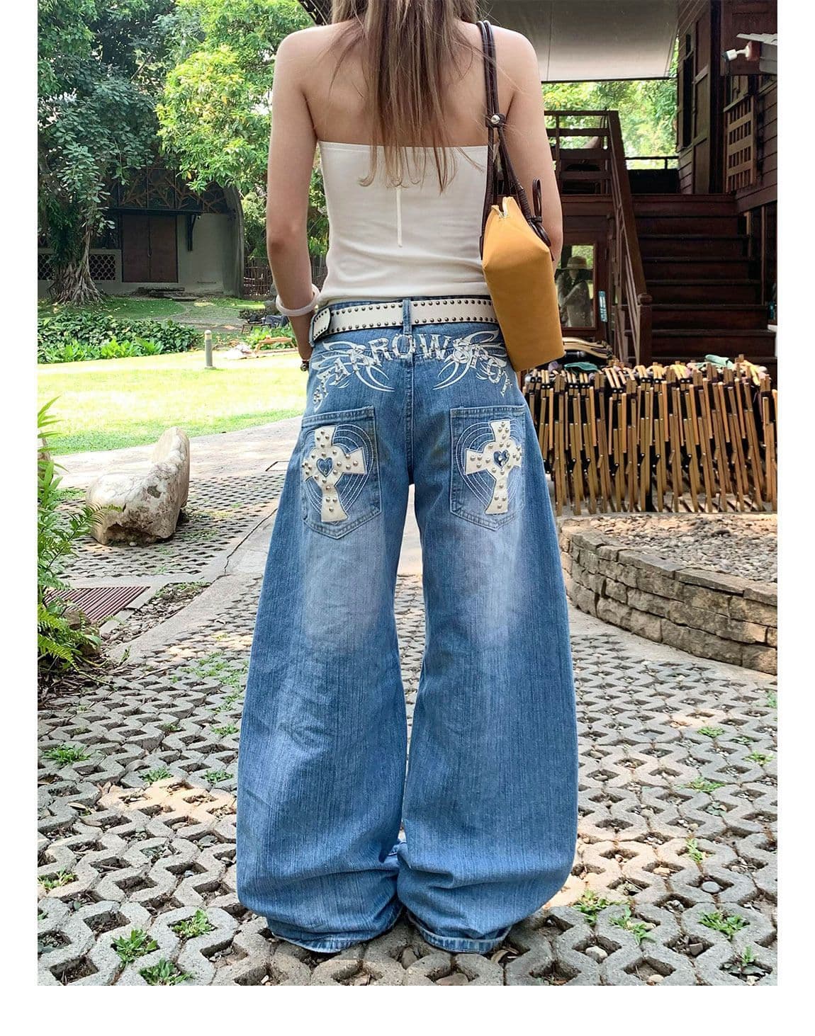 작은 대중 높음 거리 십자가 징 모통이 칼 청바지 여성 봄 가을 새로운 패션 넓은 다리 바닥 청소 청바지 트렌디 상세 이미지 8