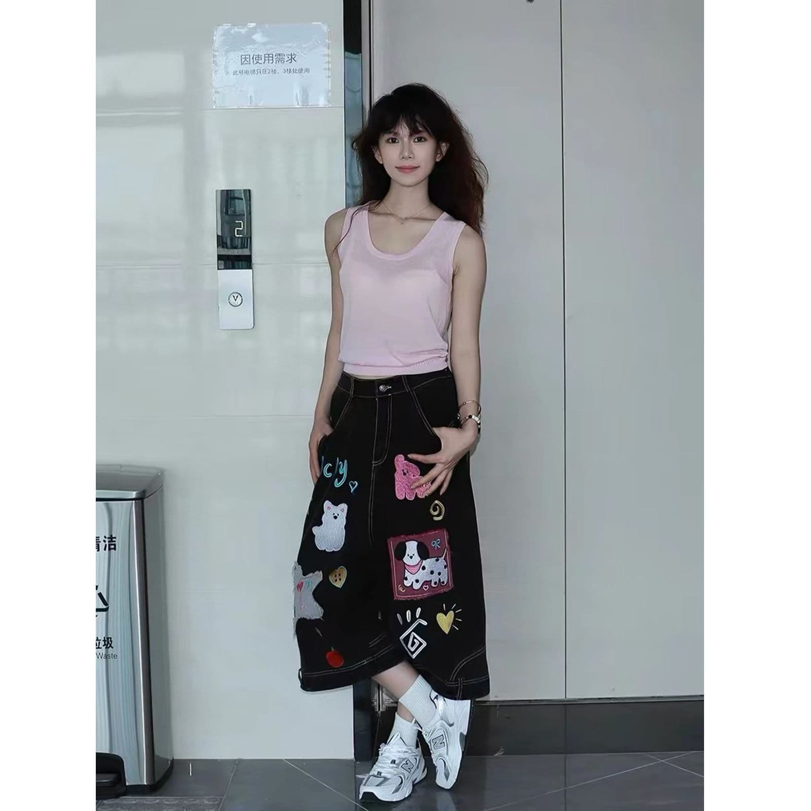 아메리칸 레트로 검정색 패치 자수 데님 7부 바지 여성 여름 빅 사이즈 바지 루즈핏 슬림해 보이는 넓은 다리가 짧다. 바지 이미지 2