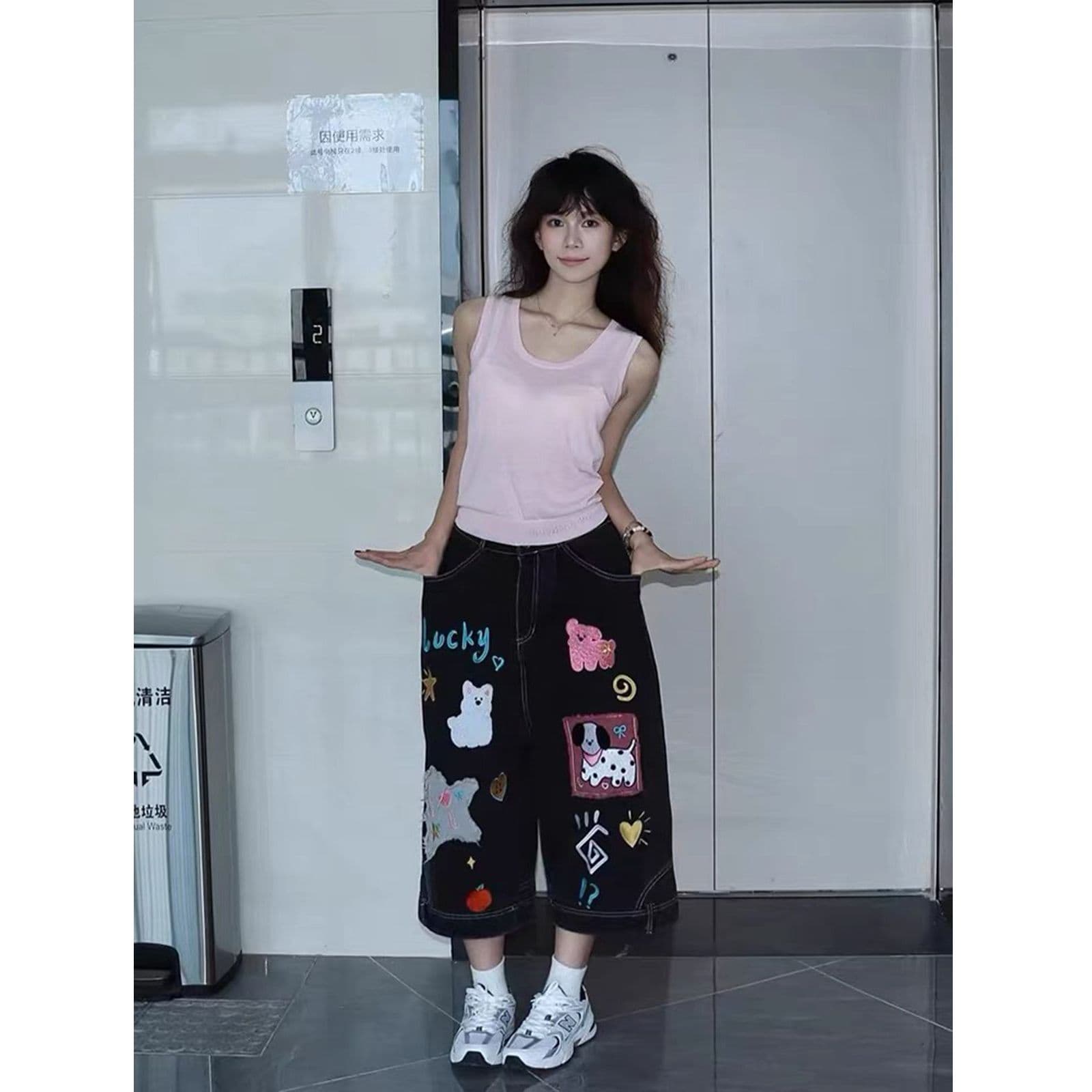 아메리칸 레트로 검정색 패치 자수 데님 7부 바지 여성 여름 빅 사이즈 바지 루즈핏 슬림해 보이는 넓은 다리가 짧다. 바지 상세 이미지 3