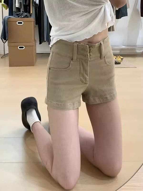 작은 키 카키 색 데님 반바지 여성 2026 여름 새로운 아메리칸 핫걸 스트레이트 슬림해 보이는 타이트 핫 바지 여성 상세 이미지 1