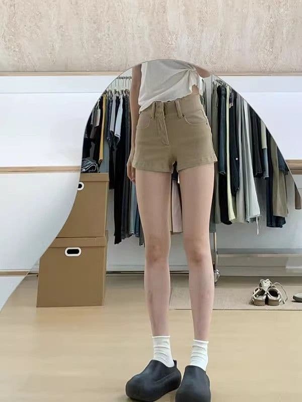 작은 키 카키 색 데님 반바지 여성 2026 여름 새로운 아메리칸 핫걸 스트레이트 슬림해 보이는 타이트 핫 바지 여성 상세 이미지 2