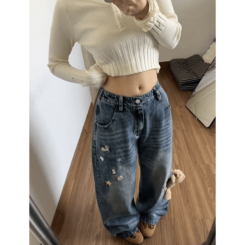 아메리칸 레트로 자수 작은 곰 행침 장식 넓은 다리 청바지 여성 여름 디자인 센스 루즈핏 슬림해 보이는 스트레이트 바닥 청소 바지 이미지 5