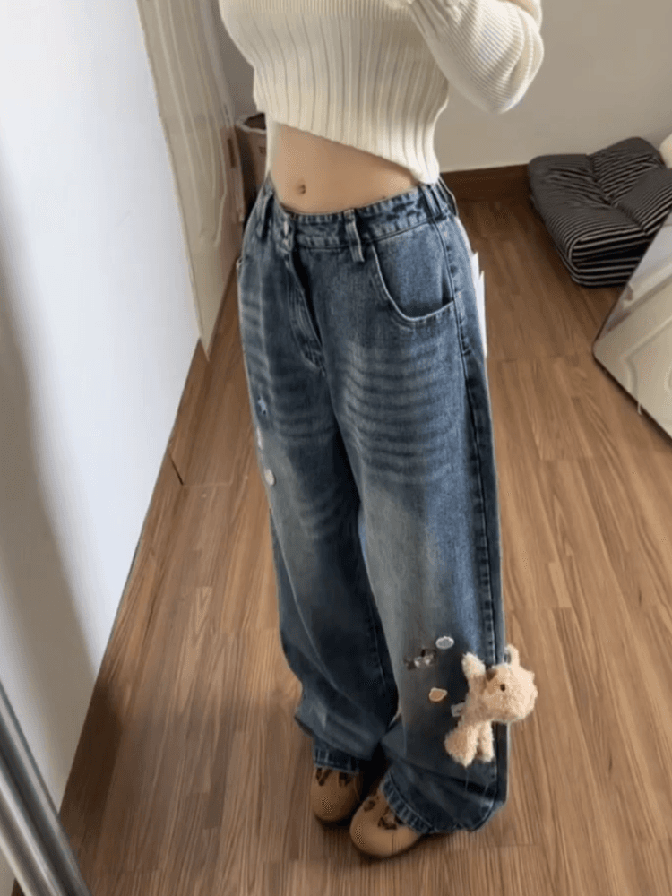 아메리칸 레트로 자수 작은 곰 행침 장식 넓은 다리 청바지 여성 여름 디자인 센스 루즈핏 슬림해 보이는 스트레이트 바닥 청소 바지 상세 이미지 3