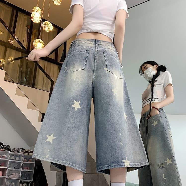 아메리칸 레트로 워싱 별 프린트 찢어진 부분 7 점 청바지 여성 여름 새로운 루즈핏 슬림해 보이는 스트레이트 바지 이미지 3