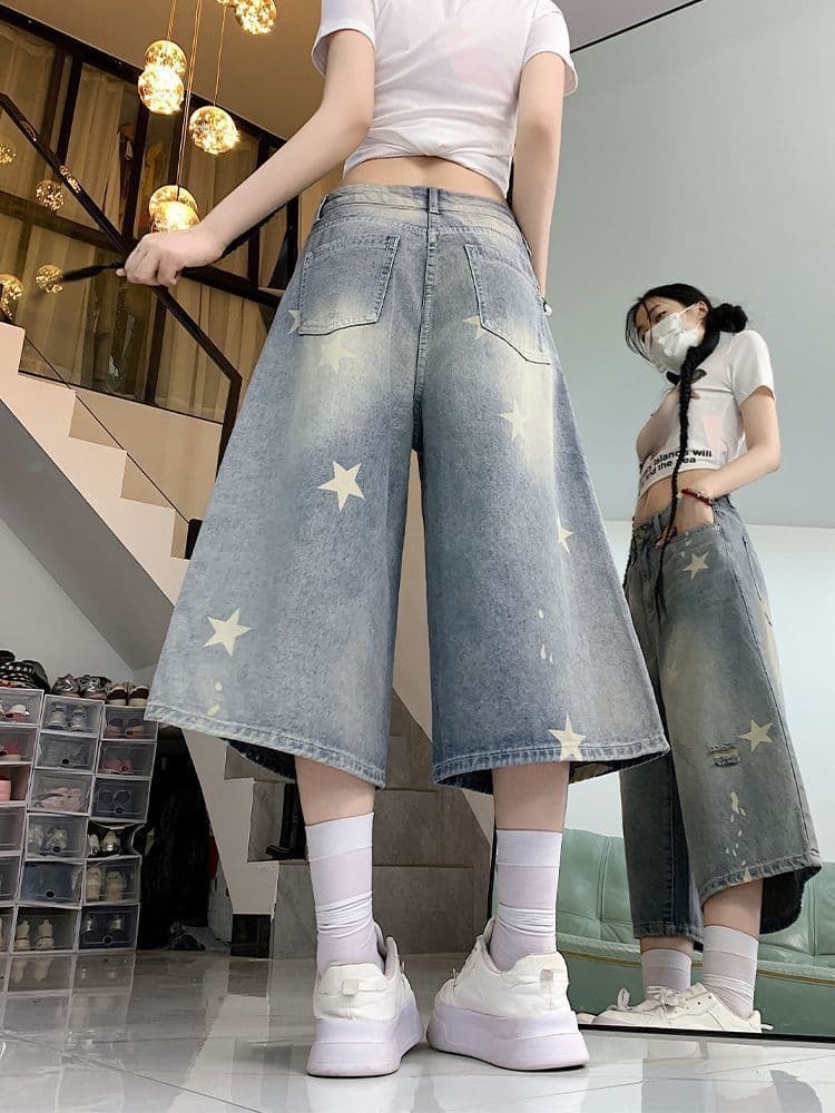 아메리칸 레트로 워싱 별 프린트 찢어진 부분 7 점 청바지 여성 여름 새로운 루즈핏 슬림해 보이는 스트레이트 바지 상세 이미지 2