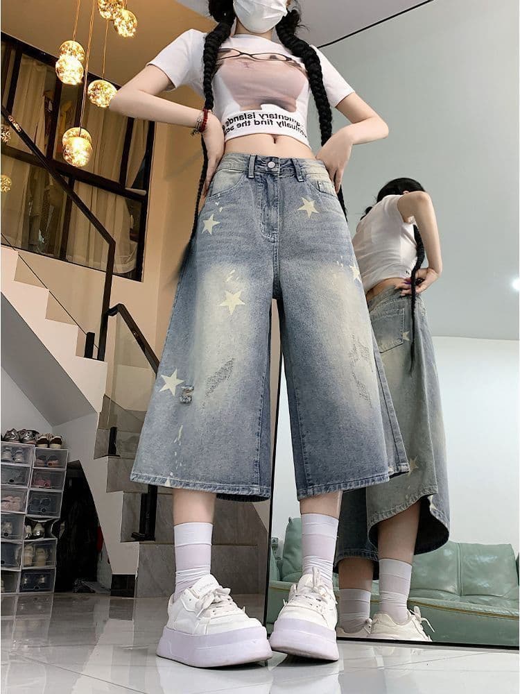 아메리칸 레트로 워싱 별 프린트 찢어진 부분 7 점 청바지 여성 여름 새로운 루즈핏 슬림해 보이는 스트레이트 바지 상세 이미지 8