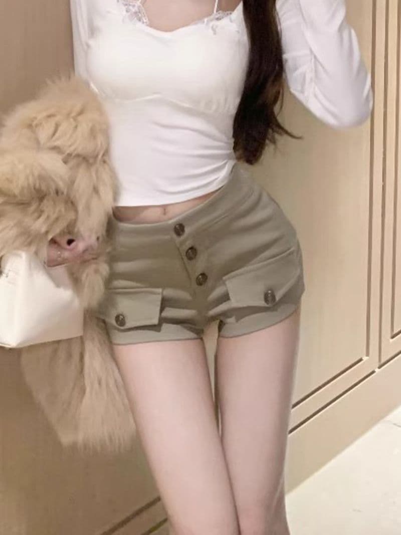 아메리칸 레트로 핫걸 카키 색 워크웨어 초단 청바지 여성 얇은 스타일 여름 새로운 슬림해 보이는 다용도 짧은 바지 상세 이미지 6