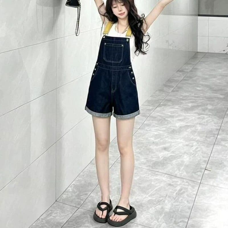 출퇴근 개성 ins 데님 멜빵 반바지 여성 봄 여름 새로운 루즈핏 슬림해 보이는 다용도 스트레이트 올인원 바지 트렌디 이미지 4