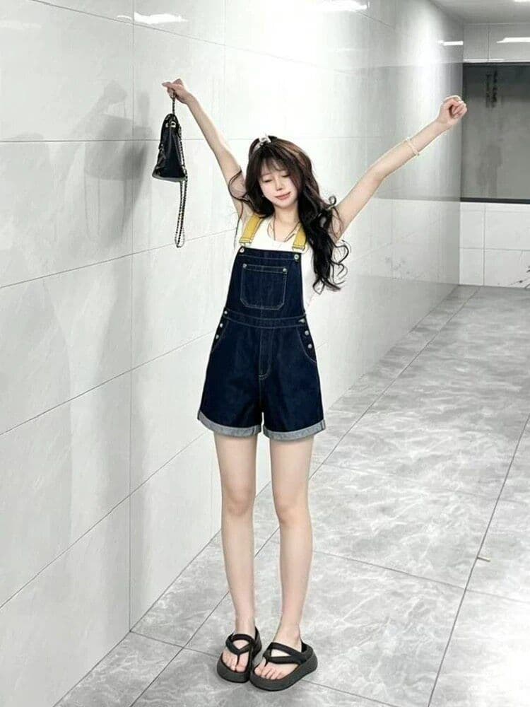 출퇴근 개성 ins 데님 멜빵 반바지 여성 봄 여름 새로운 루즈핏 슬림해 보이는 다용도 스트레이트 올인원 바지 트렌디 상세 이미지 3