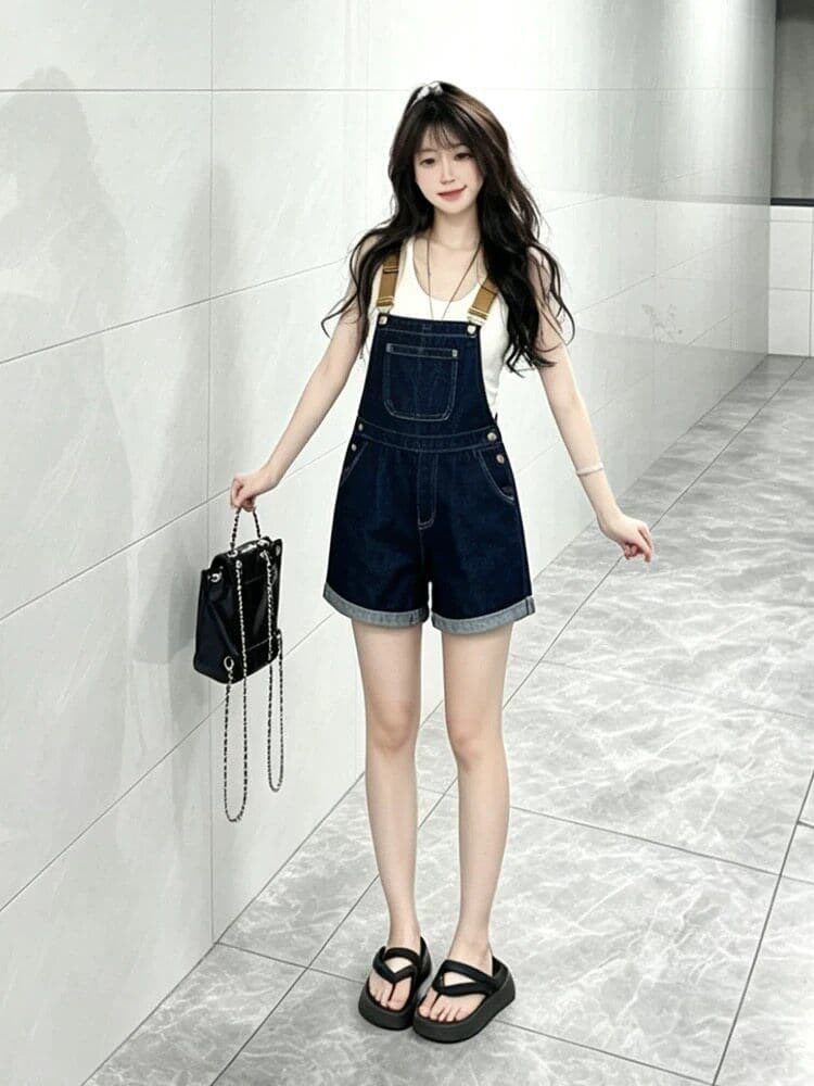출퇴근 개성 ins 데님 멜빵 반바지 여성 봄 여름 새로운 루즈핏 슬림해 보이는 다용도 스트레이트 올인원 바지 트렌디 상세 이미지 4