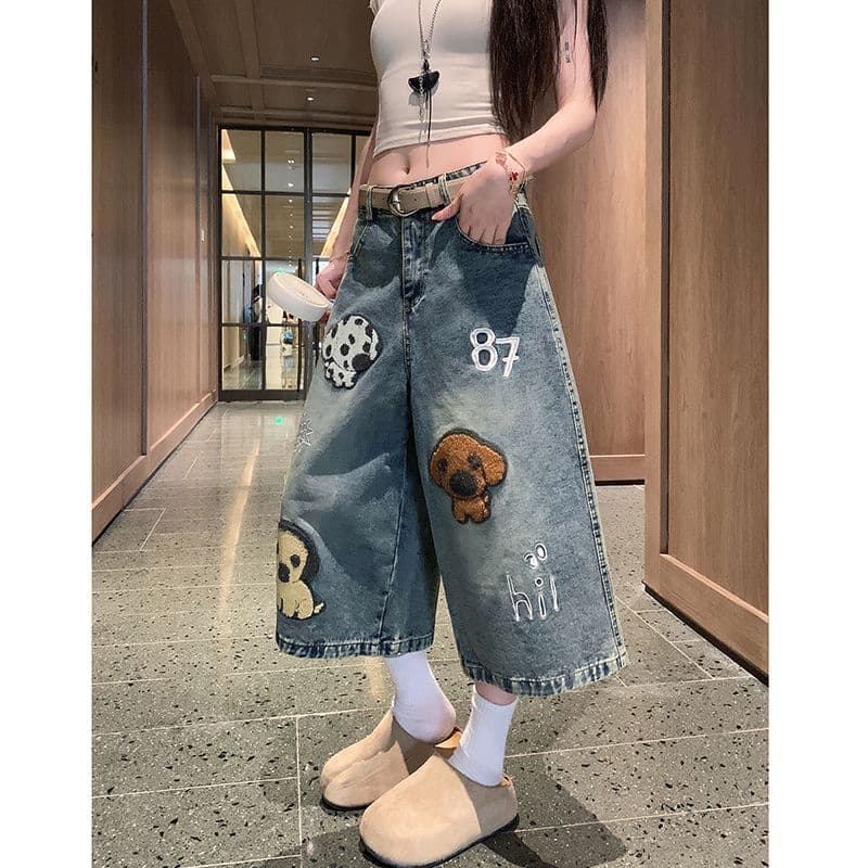 출퇴근 높음 거리 ins 만화 강아지 자수 7 점 청바지 여성 봄 여름 새로운 루즈핏 스트레이트 7부 바지 이미지 3