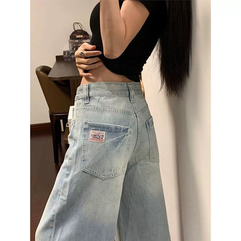 하라주쿠 스타일 느긋한 바람 스트레이트 청바지 여성 봄 가을 새로운 하이웨이스트 루즈핏 도루 센스 패션 스트레이트 청바지 이미지 2