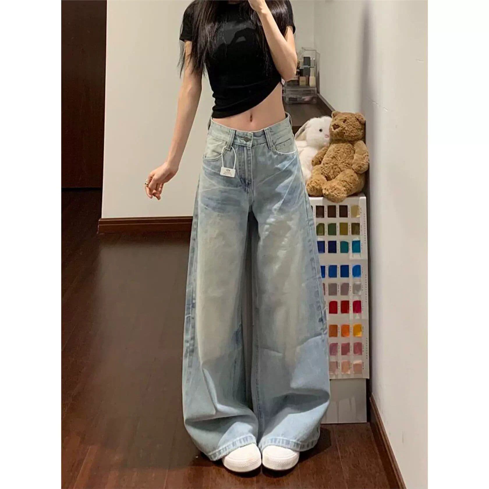 하라주쿠 스타일 느긋한 바람 스트레이트 청바지 여성 봄 가을 새로운 하이웨이스트 루즈핏 도루 센스 패션 스트레이트 청바지 상세 이미지 2
