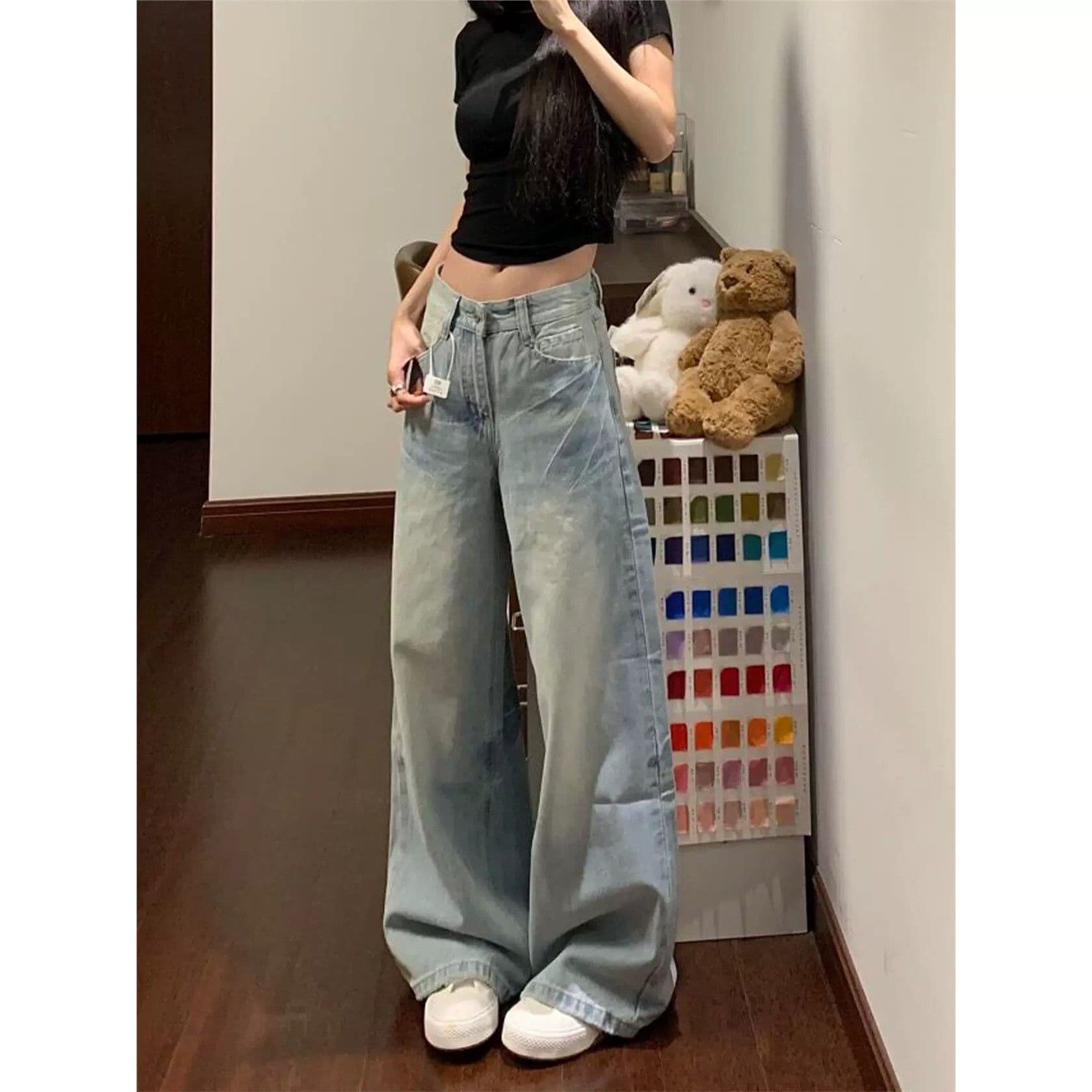 하라주쿠 스타일 느긋한 바람 스트레이트 청바지 여성 봄 가을 새로운 하이웨이스트 루즈핏 도루 센스 패션 스트레이트 청바지 상세 이미지 3
