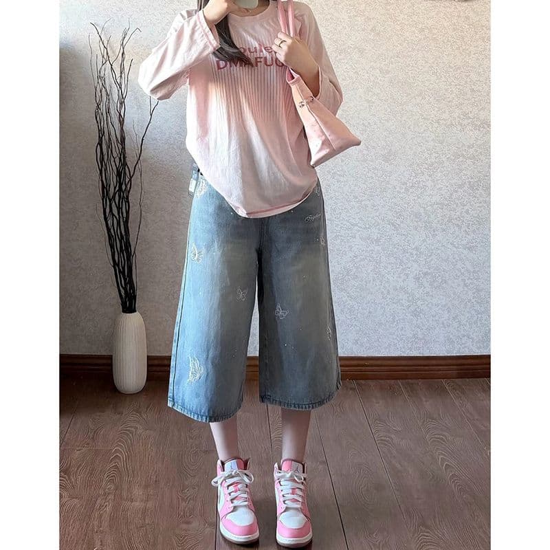 출퇴근 느긋한 바람 데님 7 점 스트레이트 팬츠 여성 봄 여름 새로운 다용도 루즈핏 7 점 스트레이트 청바지 트렌디