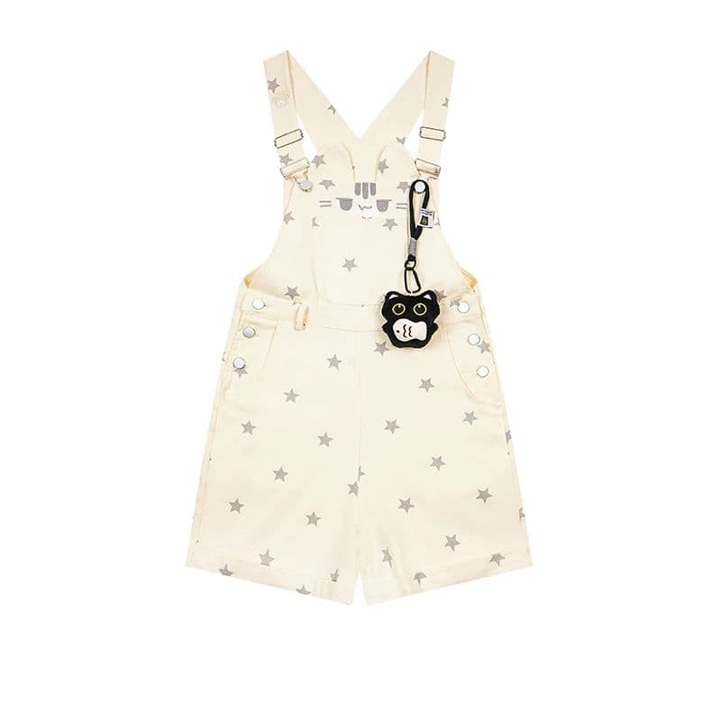 작은 대중 디자인 센스 우유 달콤한 부서 새끼 고양이 별 프린트 데님 멜빵 바지 여성 봄 여름 루즈핏 귀여운 넓은 다리가 짧다. 바지 상세 이미지 2