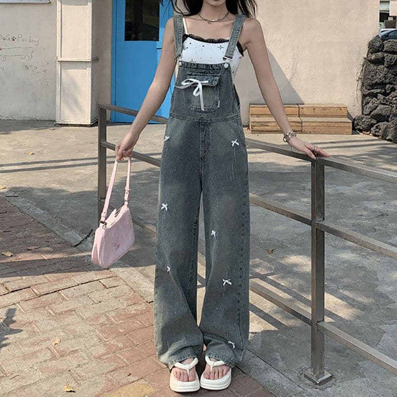 출퇴근 느긋한 바람 데님 멜빵 바지 여성 루즈핏 나비 매듭 핫픽스 봄 여름 새로운 연령 감소 스트레이트 팬츠 트렌디 이미지 5