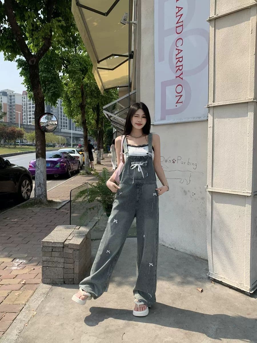 출퇴근 느긋한 바람 데님 멜빵 바지 여성 루즈핏 나비 매듭 핫픽스 봄 여름 새로운 연령 감소 스트레이트 팬츠 트렌디 상세 이미지 2
