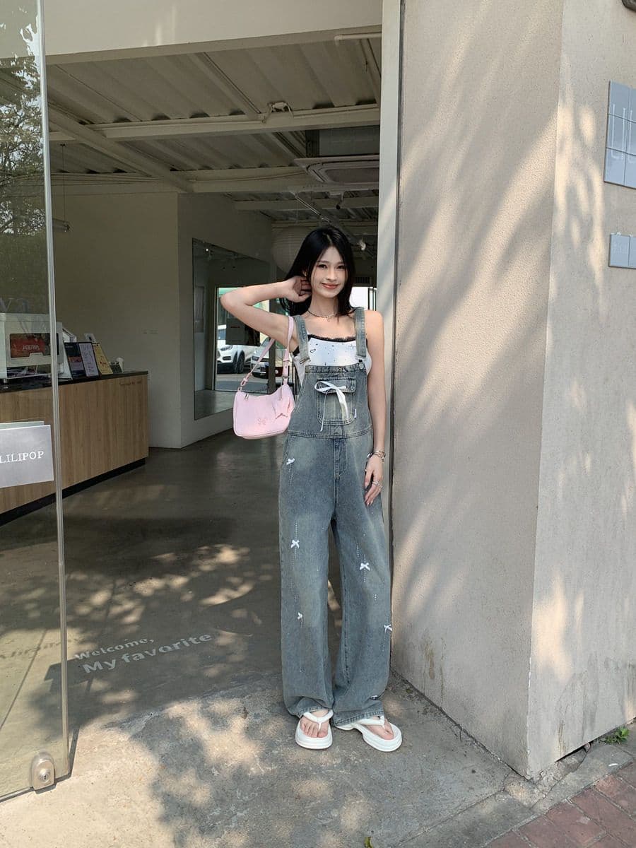 출퇴근 느긋한 바람 데님 멜빵 바지 여성 루즈핏 나비 매듭 핫픽스 봄 여름 새로운 연령 감소 스트레이트 팬츠 트렌디 상세 이미지 4