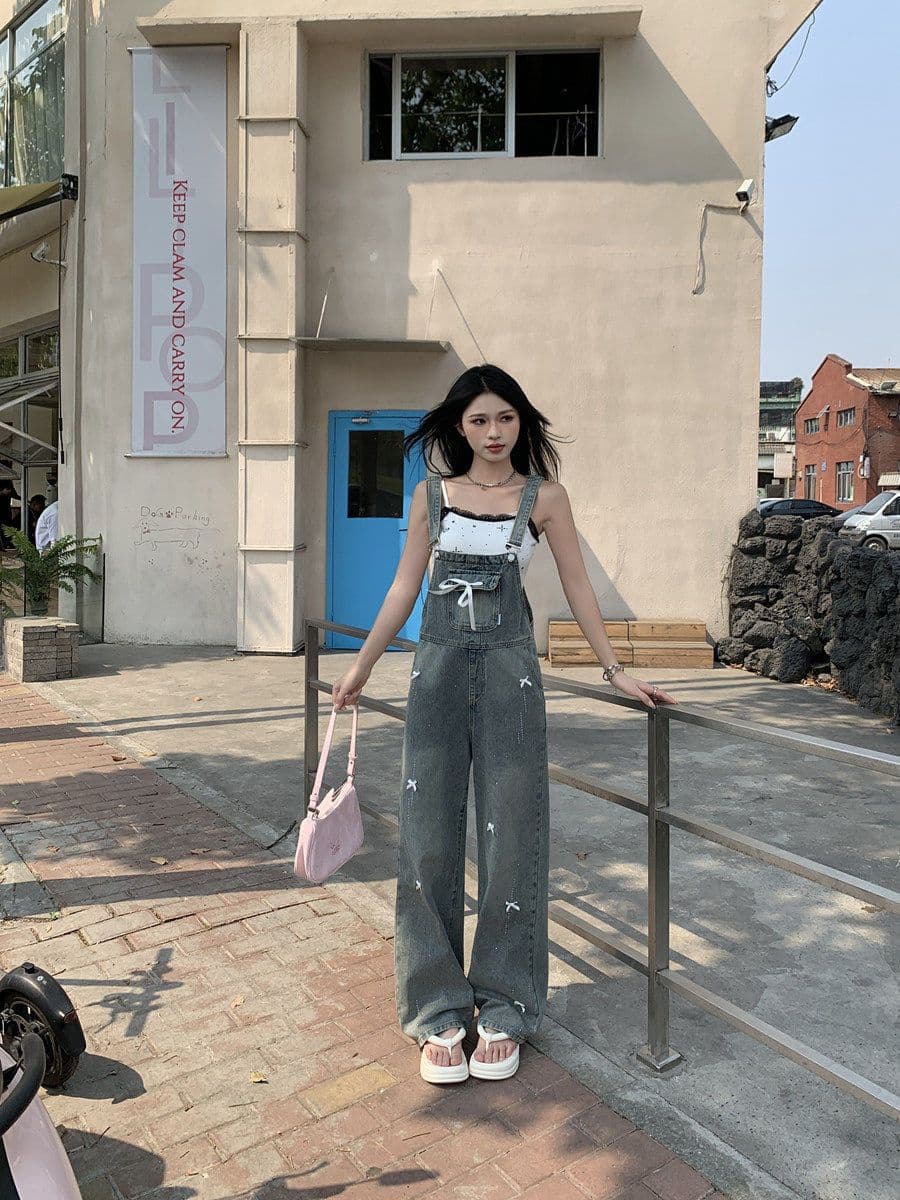 출퇴근 느긋한 바람 데님 멜빵 바지 여성 루즈핏 나비 매듭 핫픽스 봄 여름 새로운 연령 감소 스트레이트 팬츠 트렌디 상세 이미지 6