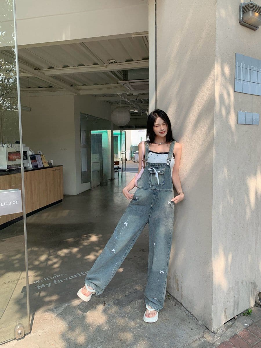 출퇴근 느긋한 바람 데님 멜빵 바지 여성 루즈핏 나비 매듭 핫픽스 봄 여름 새로운 연령 감소 스트레이트 팬츠 트렌디 상세 이미지 10