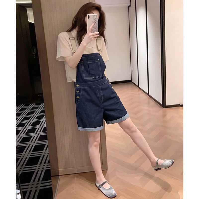 트렌디 ins 캐주얼 트렌드 데님 멜빵 반바지 여성 봄 여름 새로운 루즈핏 슬림해 보이는 다용도 스트레이트 올인원 바지