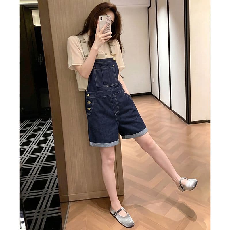 트렌디 ins 캐주얼 트렌드 데님 멜빵 반바지 여성 봄 여름 새로운 루즈핏 슬림해 보이는 다용도 스트레이트 올인원 바지 이미지 4