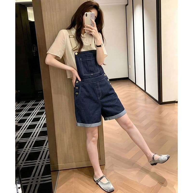 트렌디 ins 캐주얼 트렌드 데님 멜빵 반바지 여성 봄 여름 새로운 루즈핏 슬림해 보이는 다용도 스트레이트 올인원 바지 이미지 2