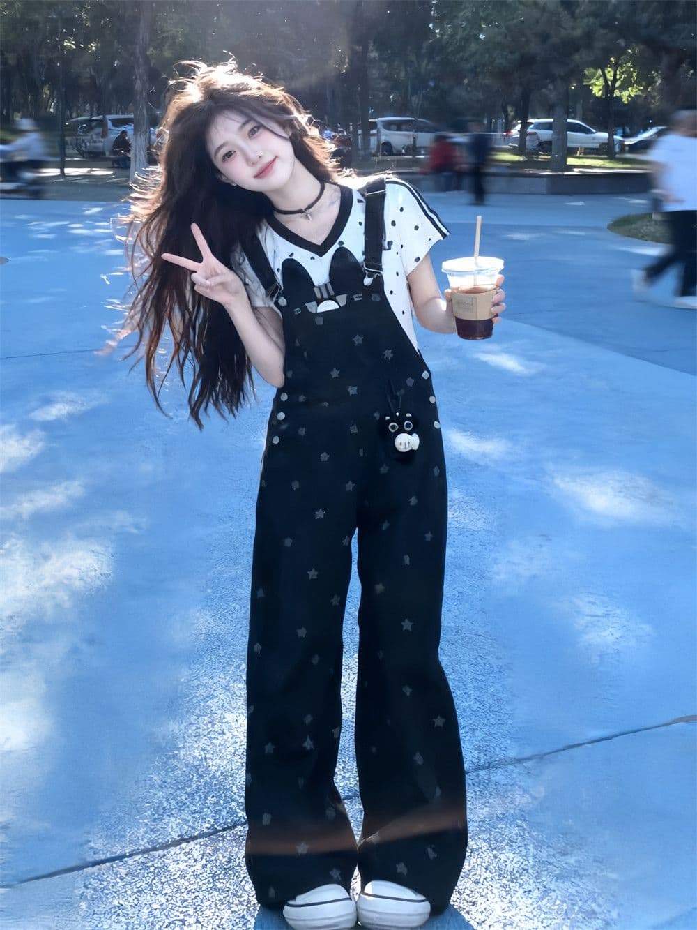 하라주쿠 스타일 작은 대중 새끼 고양이 별 프린트 데님 멜빵 바지 여성 봄 여름 새로운 캐주얼 데님 멜빵 바지 상세 이미지 7