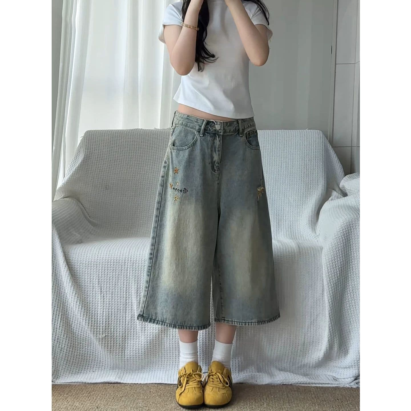 느긋한 바람 디자인 센스 별 7 점 청바지 봄 여름 새로운 루즈핏 다용도 개성 스트레이트 데님 7부 바지 상세 이미지 2